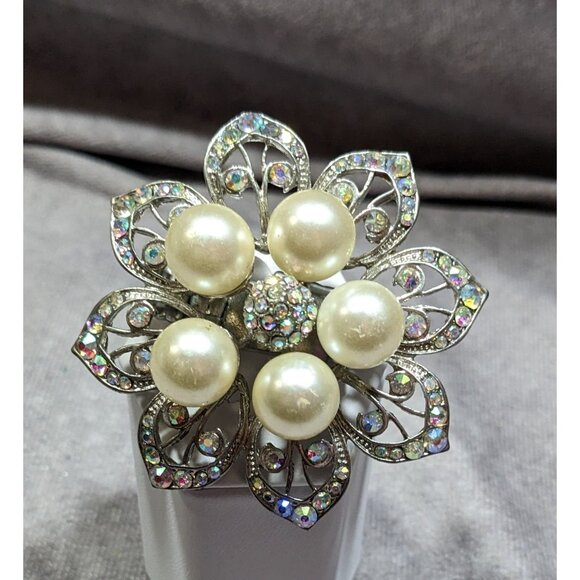 Whimsical Fairycore Floral AB Rhinestone Faux Pearl Stretch Ring SIze 9 - Picture 6 of 10